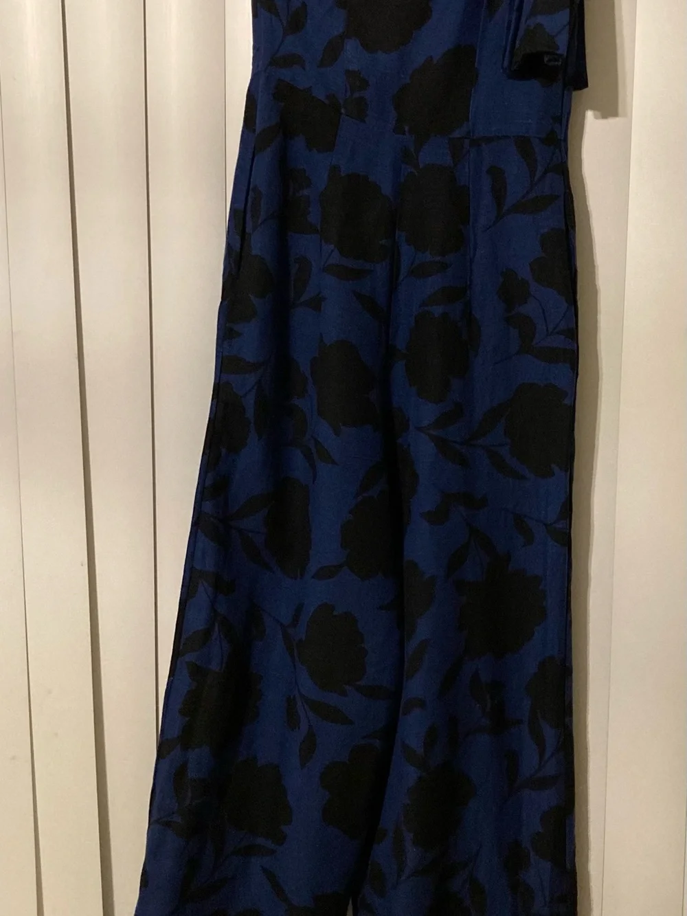 Kate Spade Navy Blue Black Floral One Shoulder Bow Jumpsuit Size 00 Linen Blen